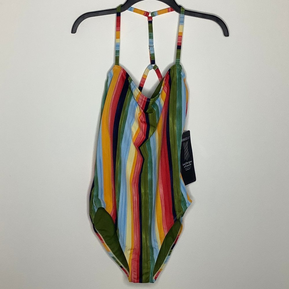 ❌SOLD❌ Miraclesuit Rainbow Pride Stripe Swimsuit Bathing Suit Monokini L NEW - Picture 2 of 10